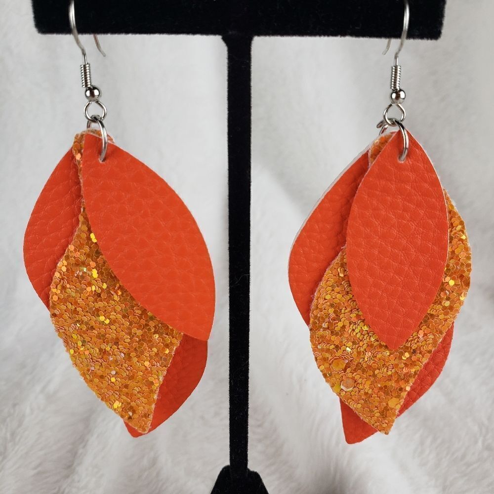 Leather leaf and Sequins Drop Earrings
